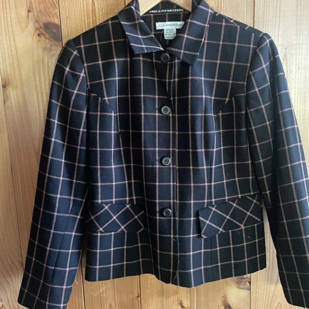 90's Vintage Wool Window Pane Plaid Power Mini Skirt Suit